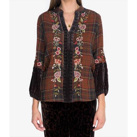 NEW JOHNNY WAS uccello velvet mix paris effortless blouse in plaid - Picture 3 of 3